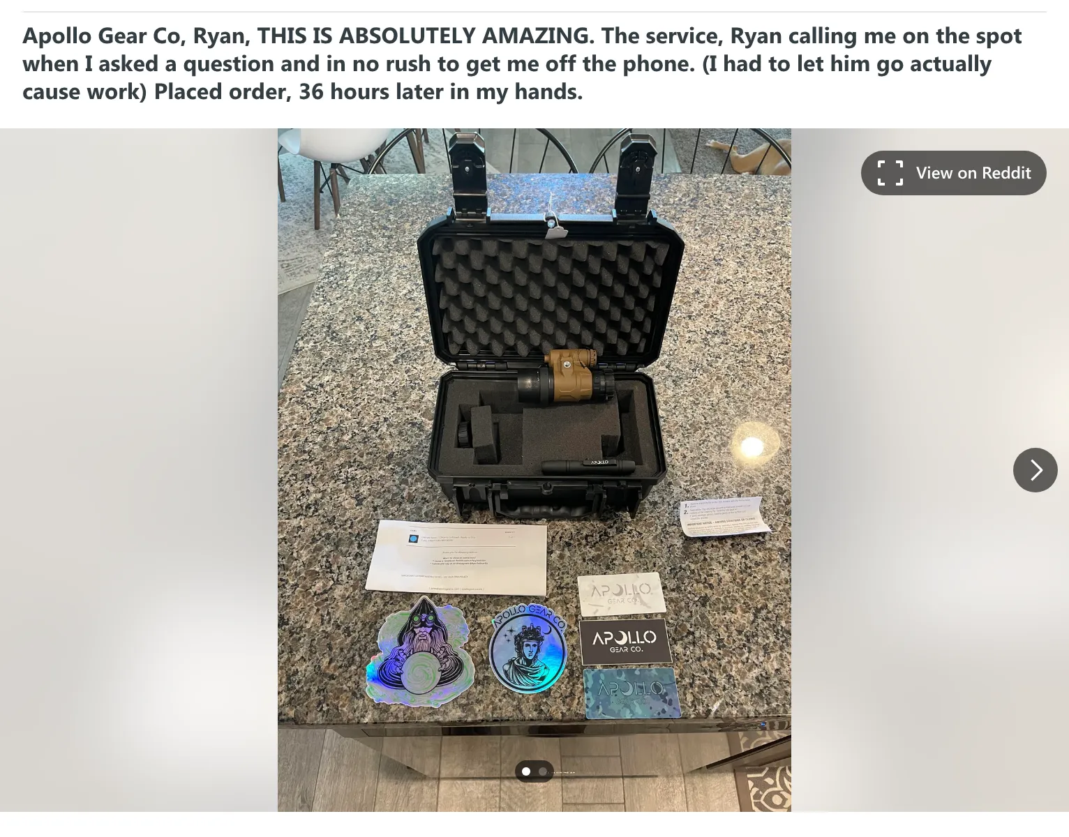 Public customer post describing the Apollo buying and delivery experience.