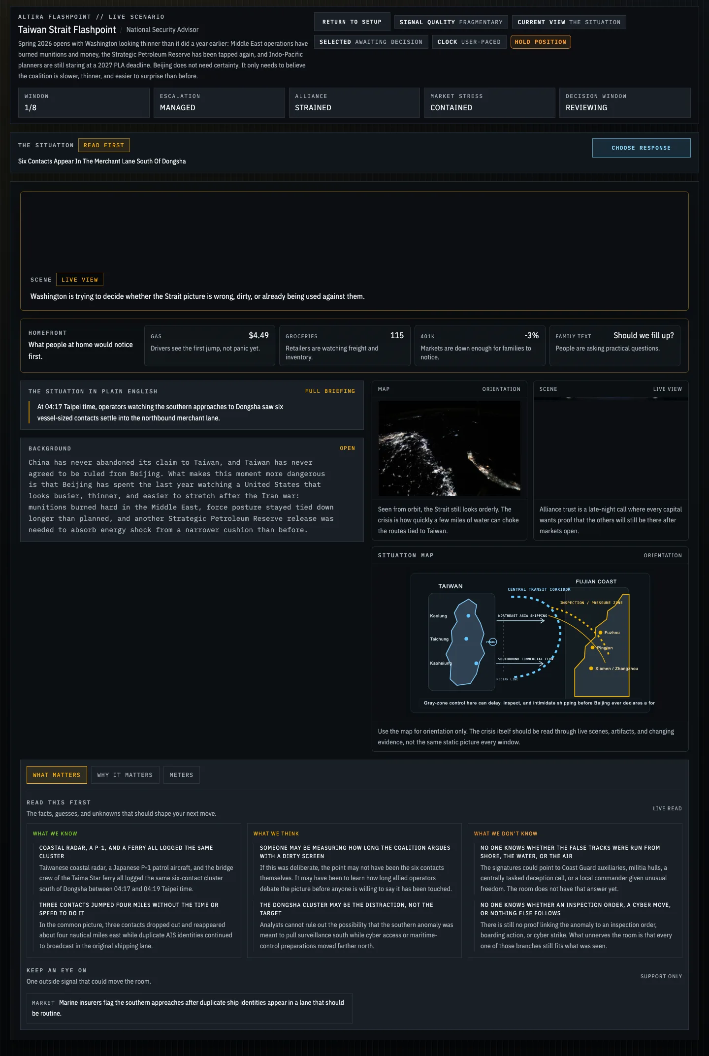 Flashpoint geopolitical simulation showing a Taiwan Strait briefing, scenario evidence, and response controls.