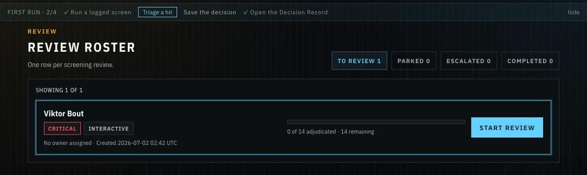 Altira Review roster showing a screening record and remaining adjudication work.